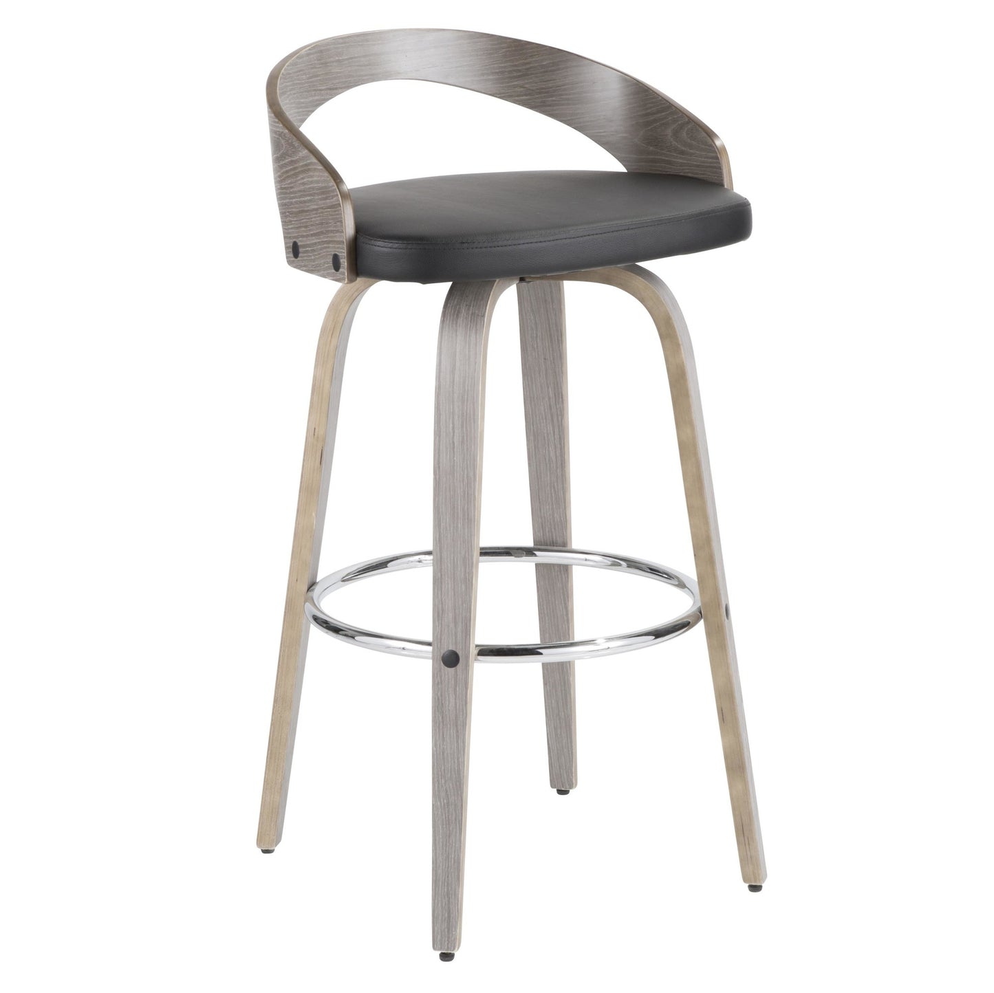 Grotto 30" Mid-Century Modern Fixed Height Barstool with Swivel in Light Grey Wood and Black Faux Leather By LumiSource - Set of 2 | Bar Stools | Modishstore - 9