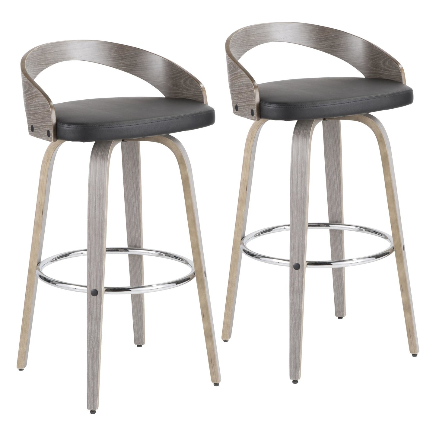 Grotto 30" Mid-Century Modern Fixed Height Barstool with Swivel in Light Grey Wood and Black Faux Leather By LumiSource - Set of 2 | Bar Stools | Modishstore - 3