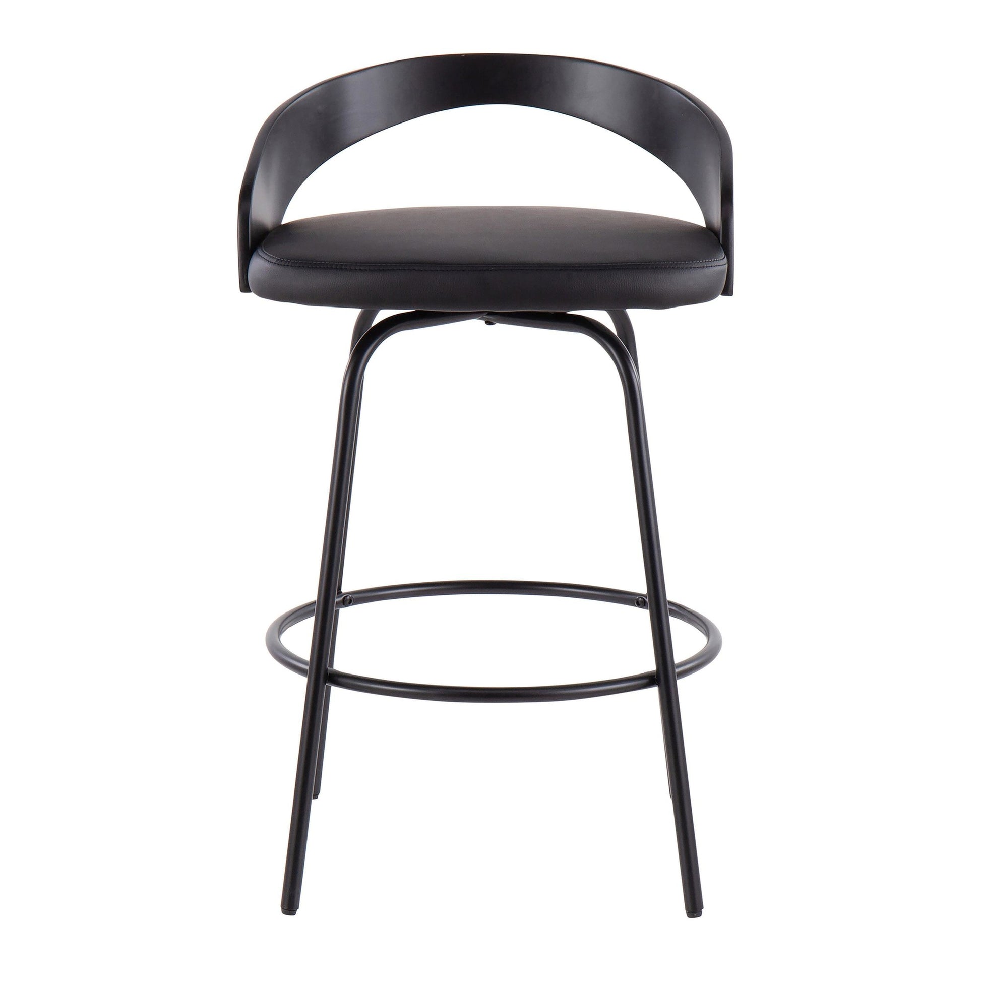 Grotto Claire Fixed-Height Counter Stool with Swivel in Black Steel, Black Wood, and Black Faux Leather with Black Footrest By LumiSource - Set of 2 | Counter Stools | Modishstore - 3