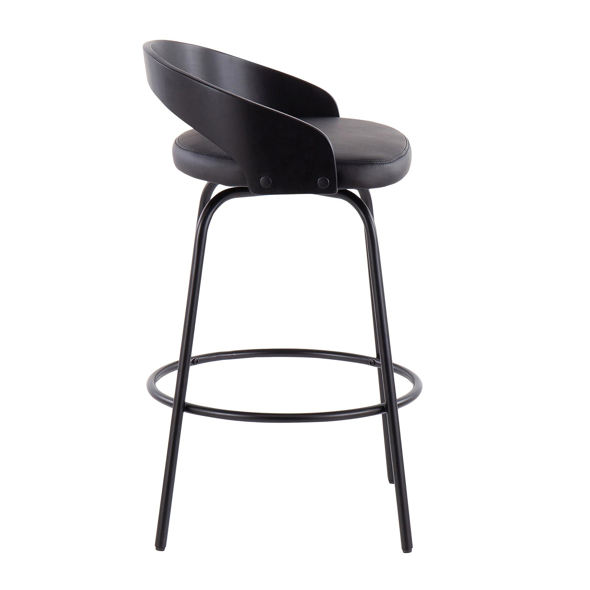 Grotto Claire Fixed-Height Counter Stool with Swivel in Black Steel, Black Wood, and Black Faux Leather with Black Footrest By LumiSource - Set of 2 | Counter Stools | Modishstore - 8