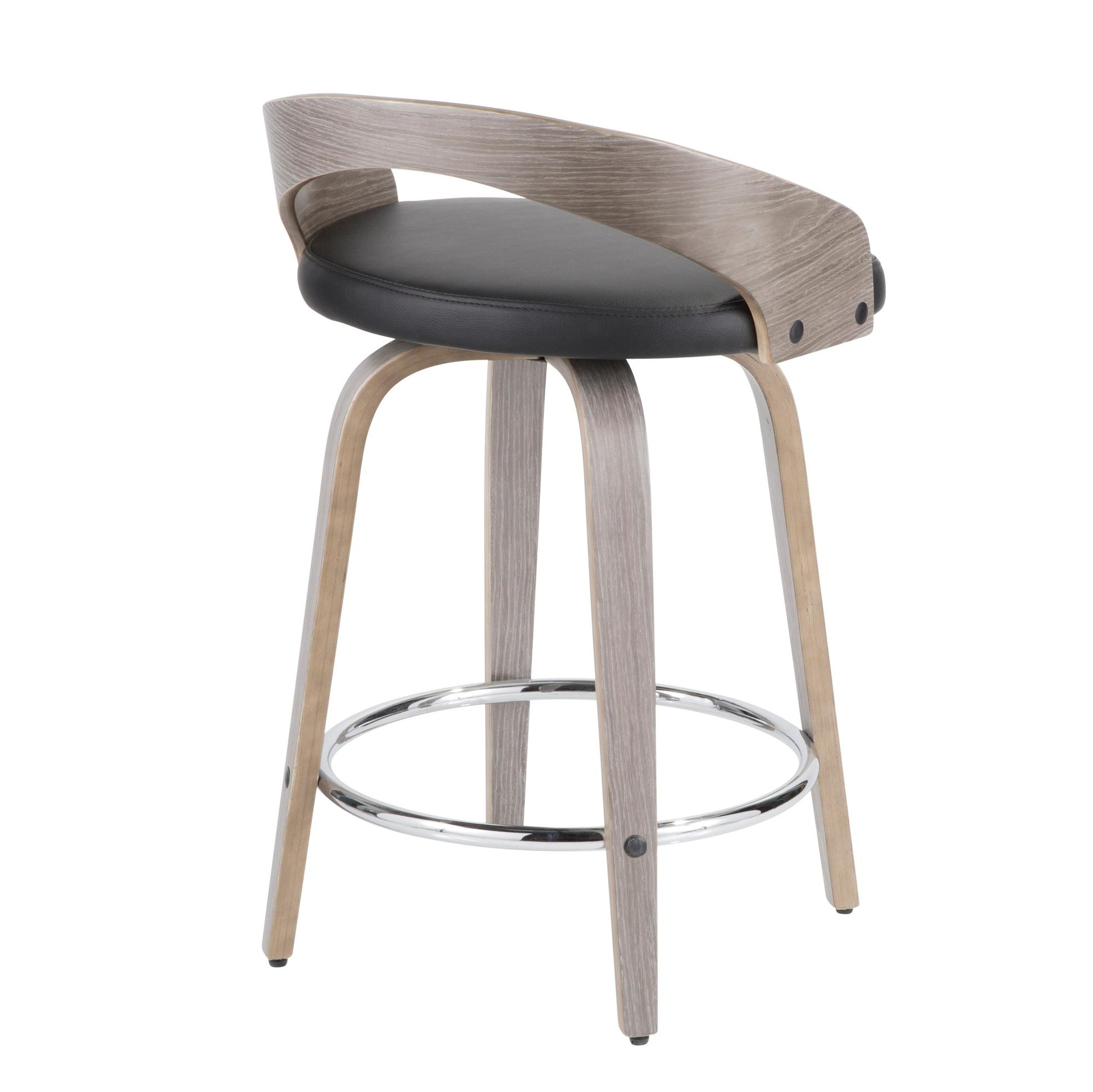Grotto 25" Mid-Century Modern Fixed Height Counter Stool with Swivel in Light Grey Wood and Black Faux Leather By LumiSource - Set of 2 | Counter Stools | Modishstore - 11