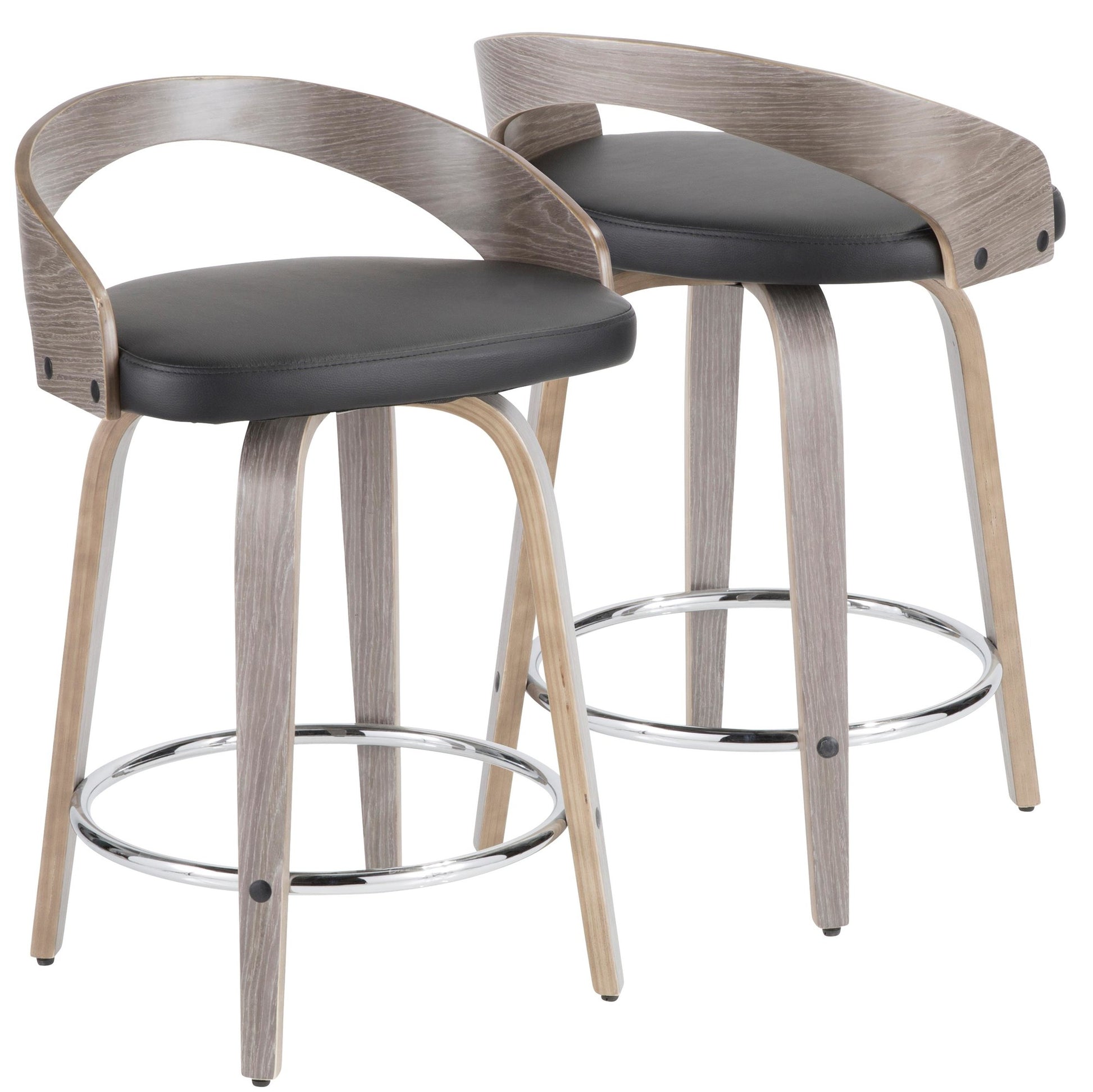 Grotto 25" Mid-Century Modern Fixed Height Counter Stool with Swivel in Light Grey Wood and Black Faux Leather By LumiSource - Set of 2 | Counter Stools | Modishstore - 8