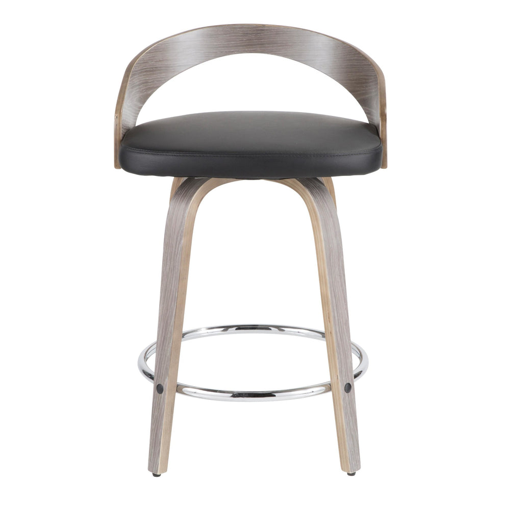 Grotto 25" Mid-Century Modern Fixed Height Counter Stool with Swivel in Light Grey Wood and Black Faux Leather By LumiSource - Set of 2 | Counter Stools | Modishstore - 4