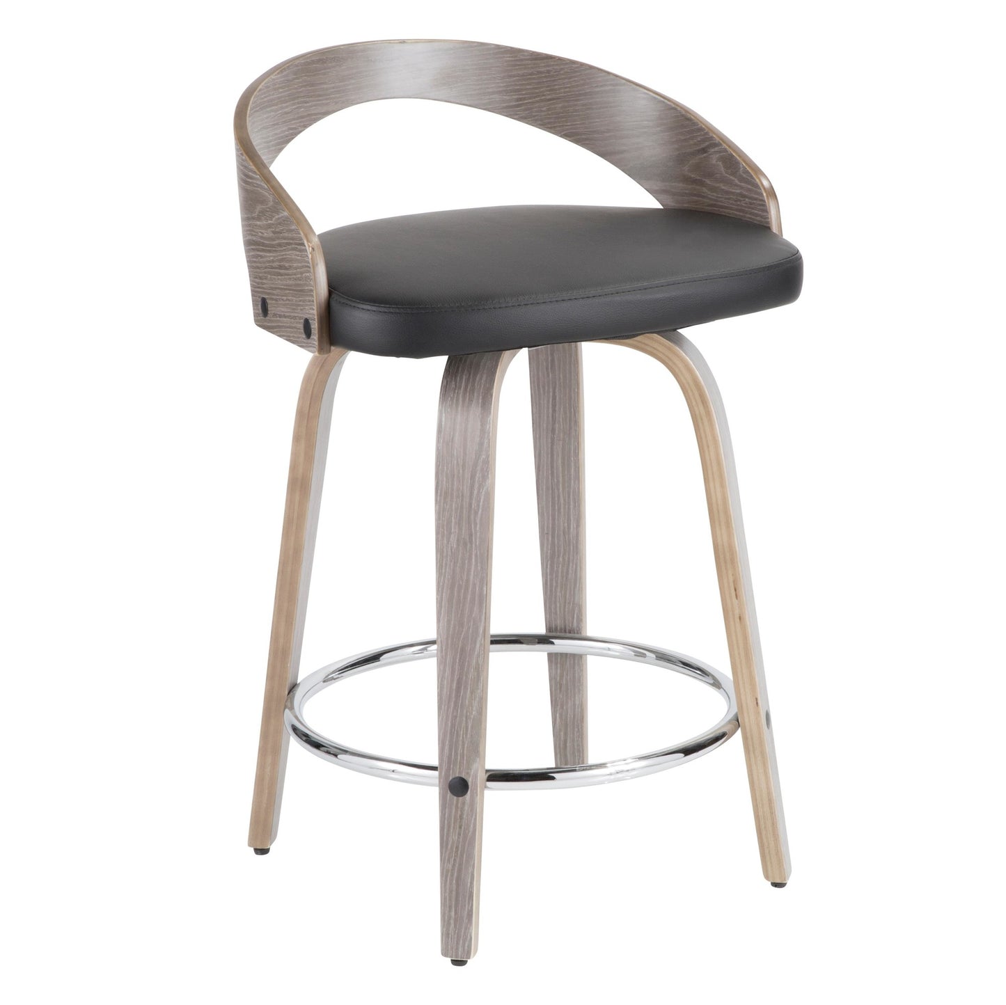 Grotto 25" Mid-Century Modern Fixed Height Counter Stool with Swivel in Light Grey Wood and Black Faux Leather By LumiSource - Set of 2 | Counter Stools | Modishstore - 9