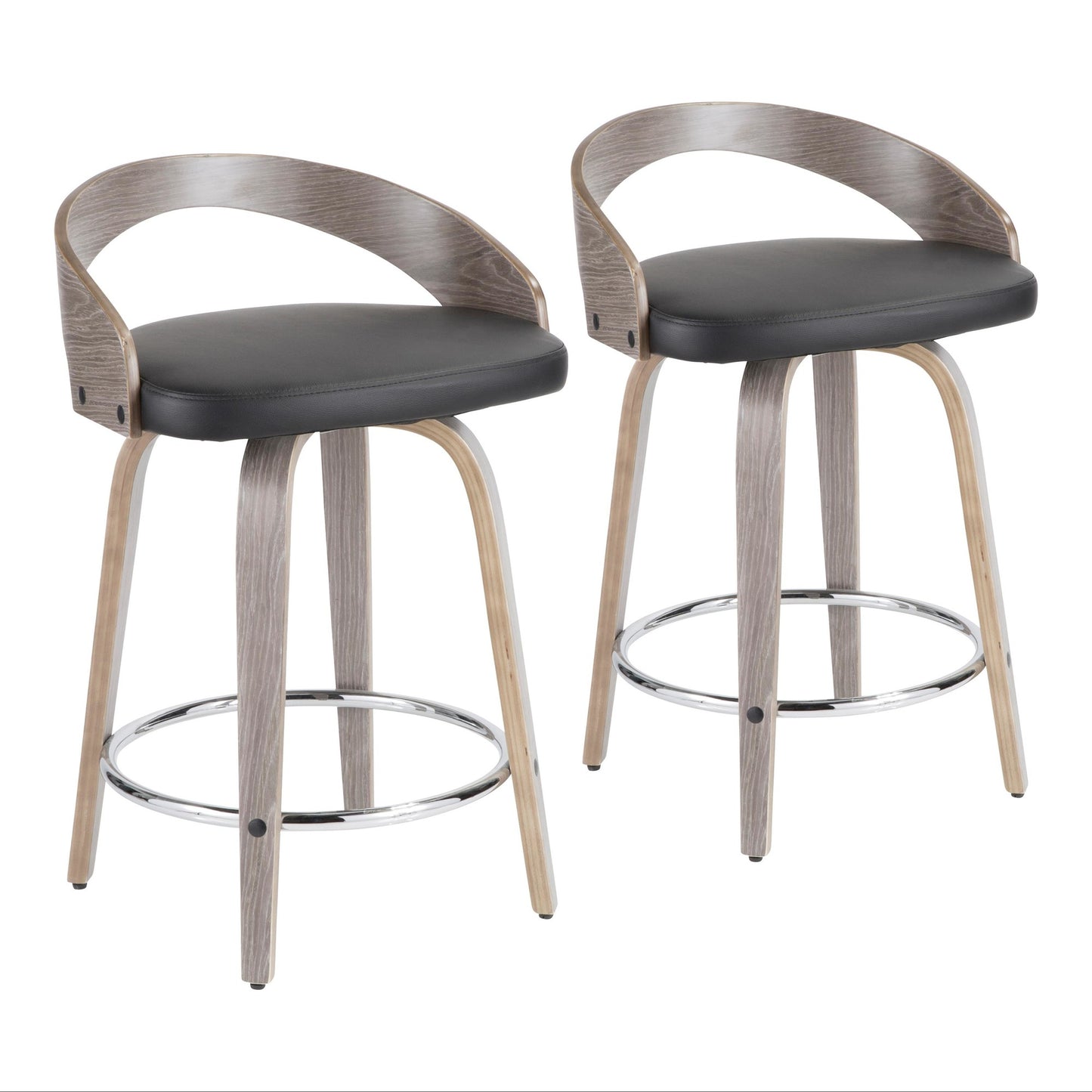 Grotto 25" Mid-Century Modern Fixed Height Counter Stool with Swivel in Light Grey Wood and Black Faux Leather By LumiSource - Set of 2 | Counter Stools | Modishstore - 2