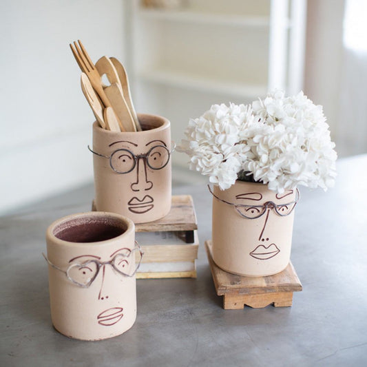 Kalalou Set Of 3 Clay Face Planters With Wire Glasses | Modishstore | Planters, Troughs & Cachepots