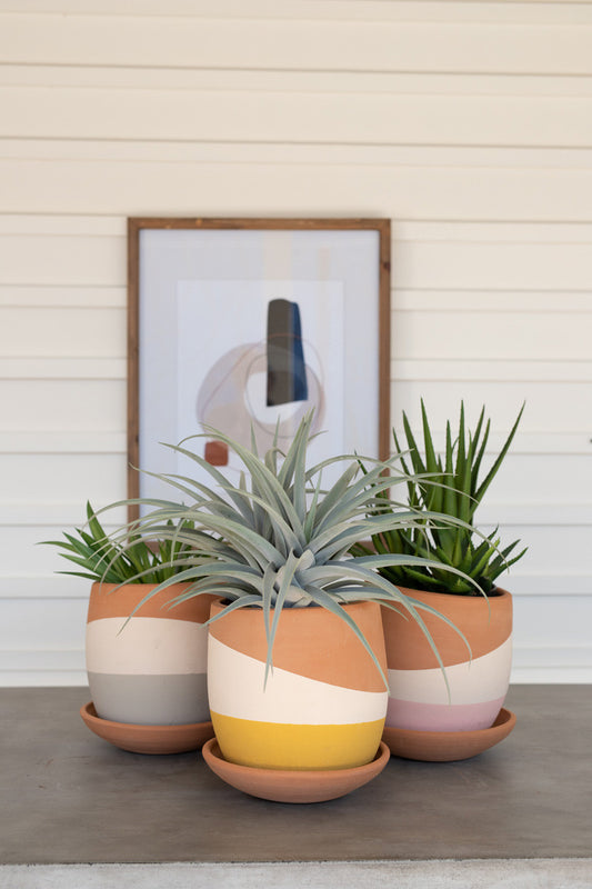 Kalalou Set Of Three Double Dipped Clay Pots With Clay Sauciers | Modishstore | Outdoor Planters, Troughs & Cachepots