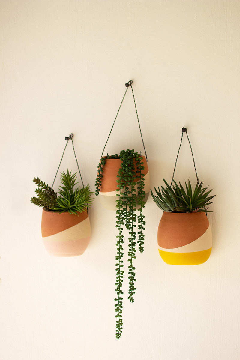 Color-dipped clay wall pocket planters with wire hangers Set Of 3 By Kalalou | Modishstore | Planters, Troughs & Cachepots