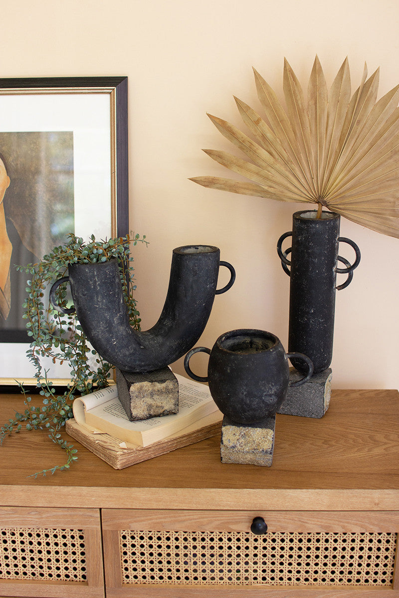 Black Modern Clay Vases On Rock Bases Set Of 3 By Kalalou-2