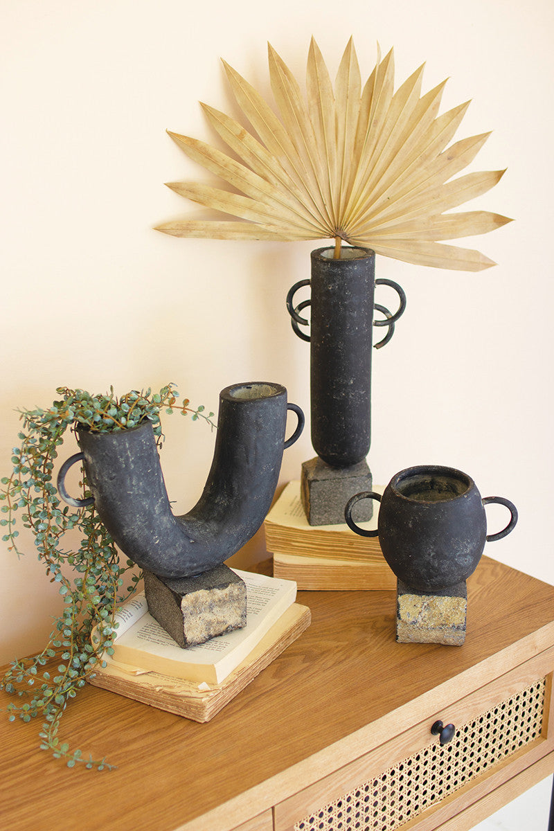 Black Modern Clay Vases On Rock Bases Set Of 3 By Kalalou-3