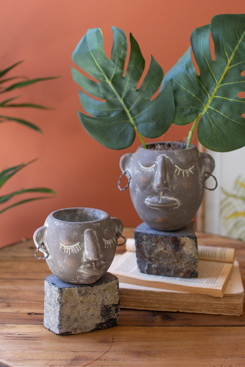 Clay Face Pots With Rock Base Set Of 2 By Kalalou | Planters, Troughs & Cachepots |  Modishstore  - 2