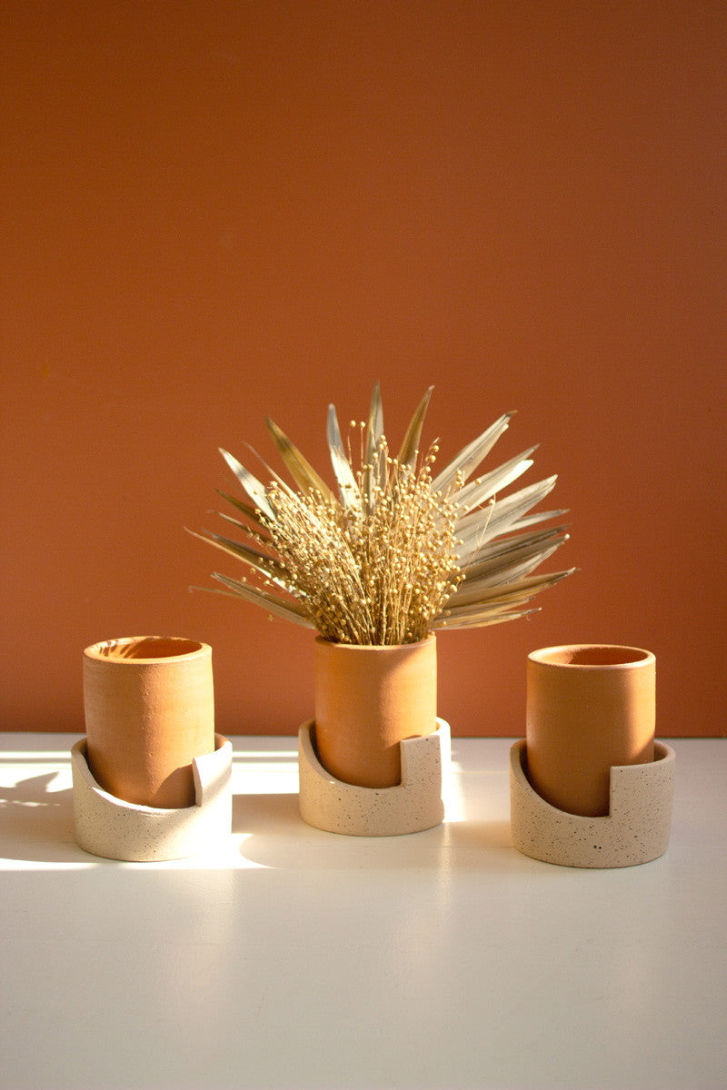 Natural Clay Cylinder Pots In Speckled Geometic Trays Set Of 3 By Kalalou | Planters, Troughs & Cachepots | Modishstore - 2