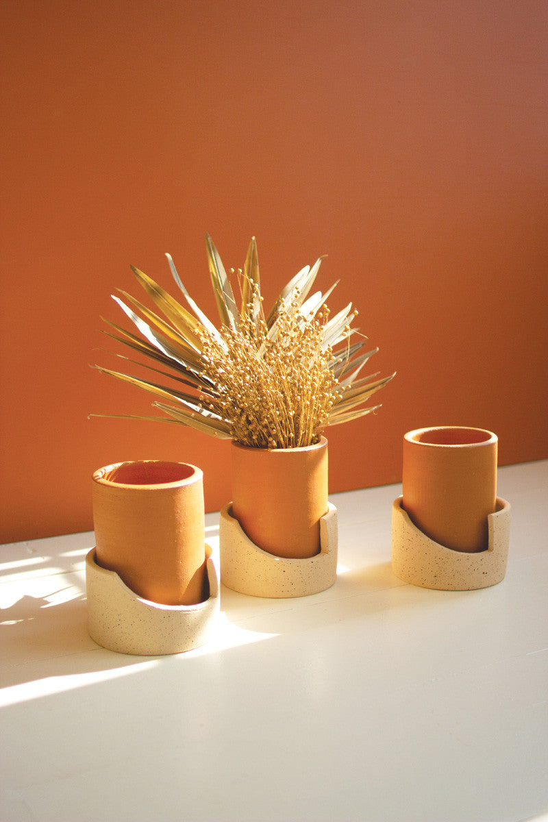 Natural Clay Cylinder Pots In Speckled Geometic Trays Set Of 3 By Kalalou | Planters, Troughs & Cachepots | Modishstore
