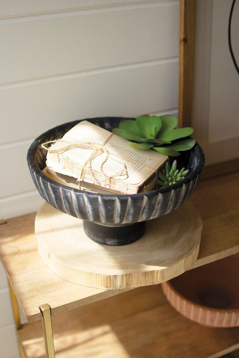 Large Black Footed Clay Bowl With Detail On Rim By Kalalou | Pedestal Trays | Modishstore