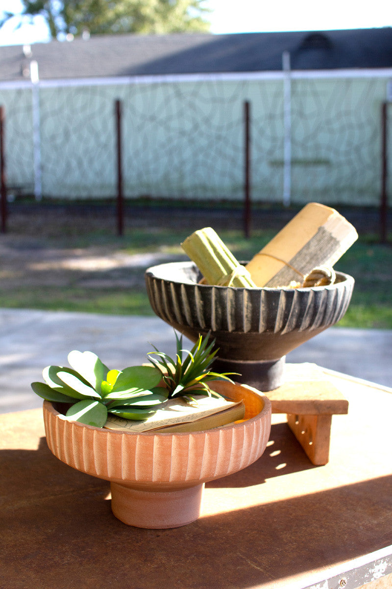 Large Black Footed Clay Bowl With Detail On Rim By Kalalou | Pedestal Trays | Modishstore - 2