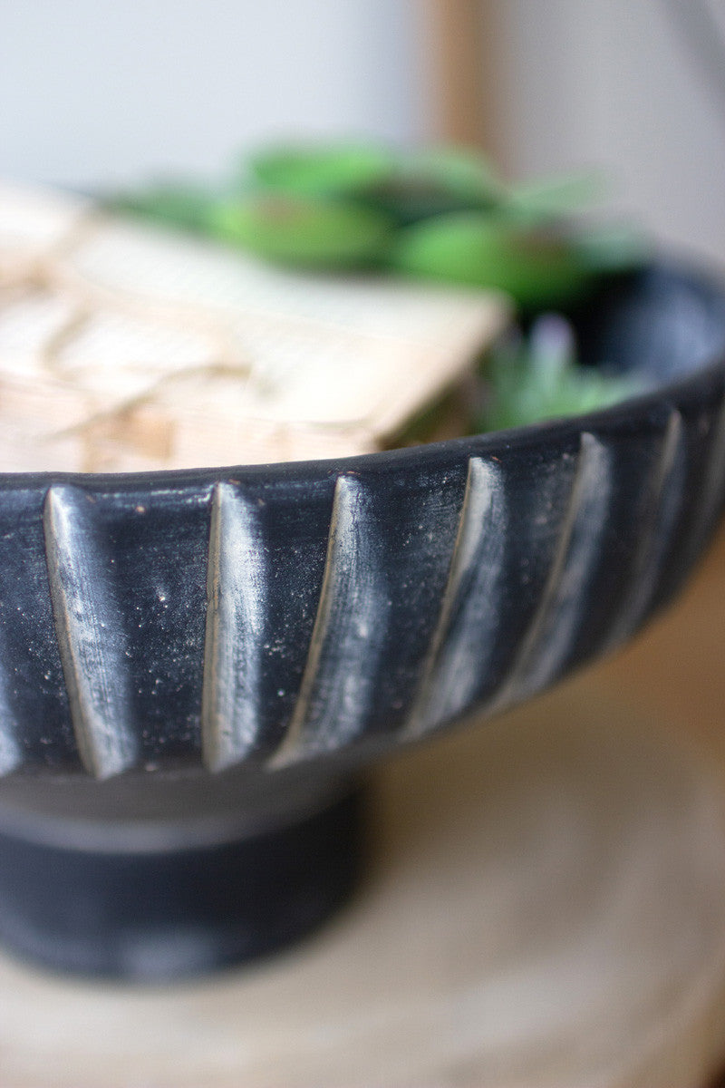 Large Black Footed Clay Bowl With Detail On Rim By Kalalou | Pedestal Trays | Modishstore - 3