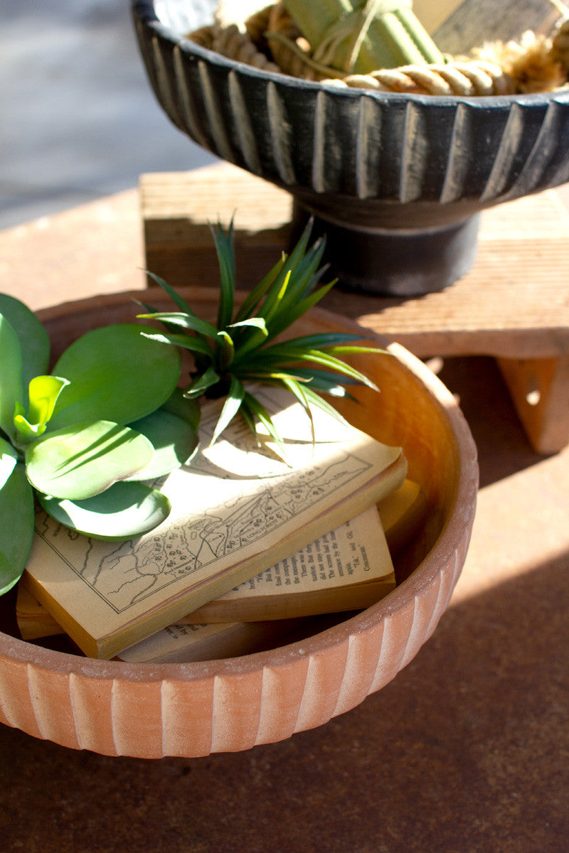 Large Black Footed Clay Bowl With Detail On Rim By Kalalou | Pedestal Trays | Modishstore - 4