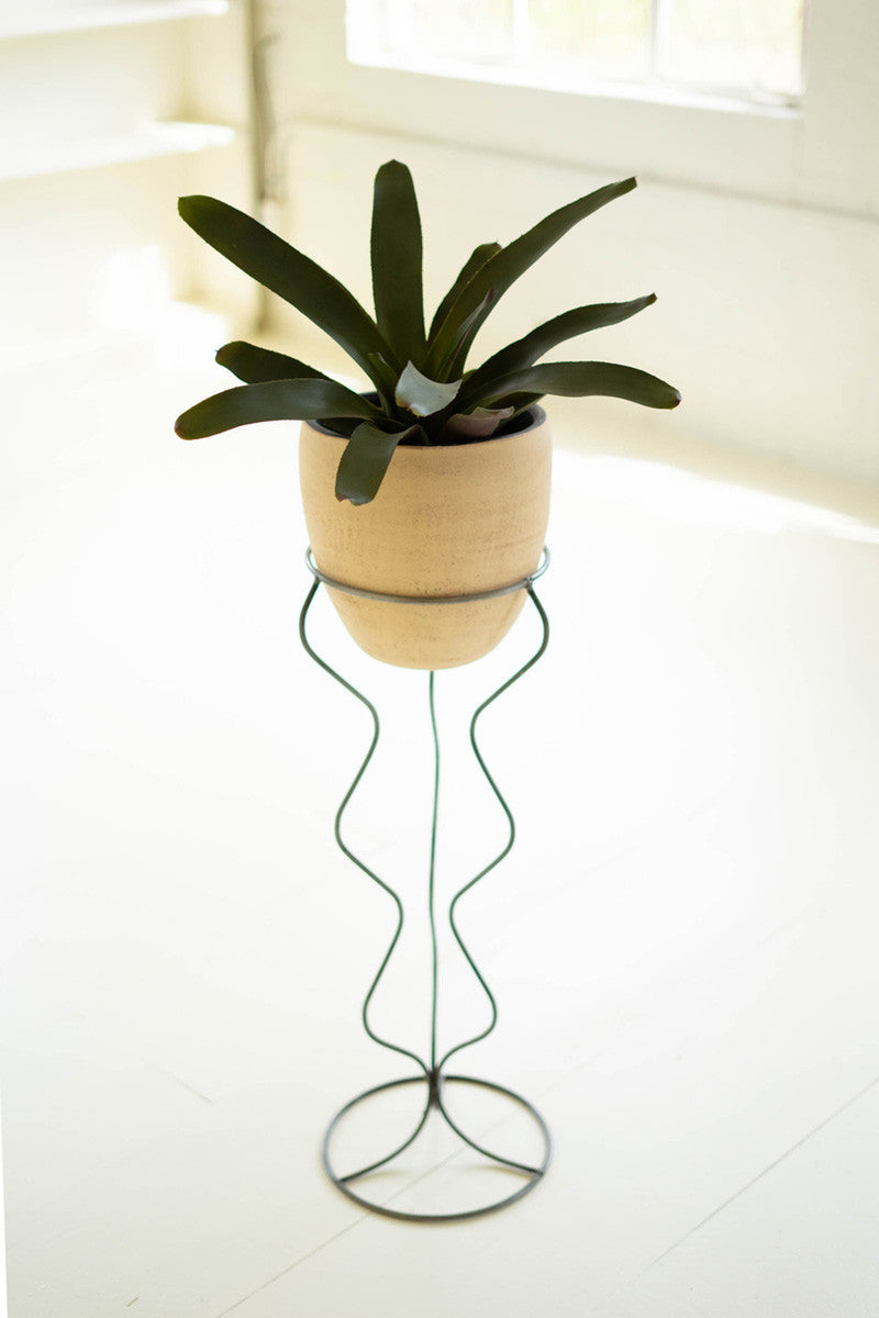 Large Ivory And Black Clay Pot With Wire Squiggle Base By Kalalou | Planters, Troughs & Cachepots | Modishstore