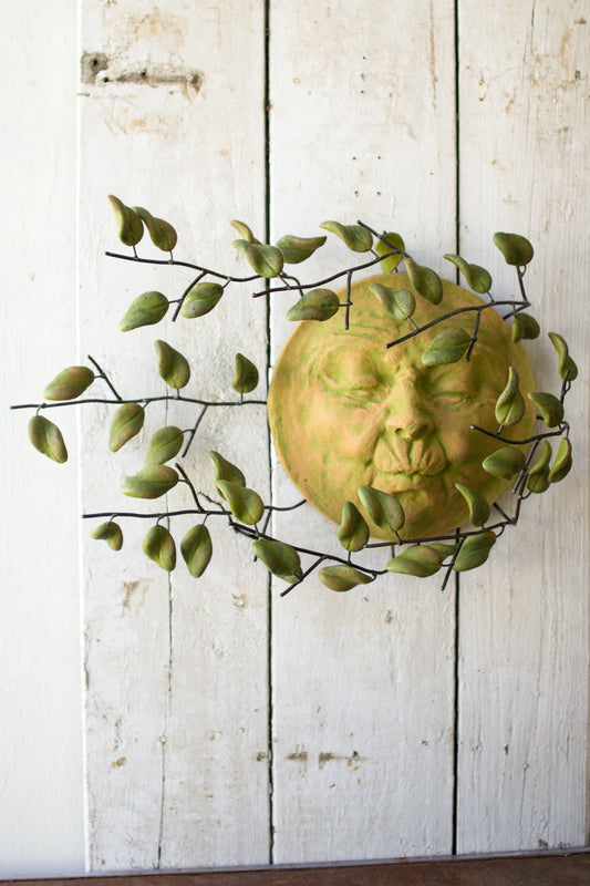 Kalalou Wind Blown Sun Face With Clay Leaves Wall Hanging | Modishstore | Wall Decor