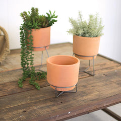 Kalalou Set Of 3 Natural Clay Planters With Wire Bases