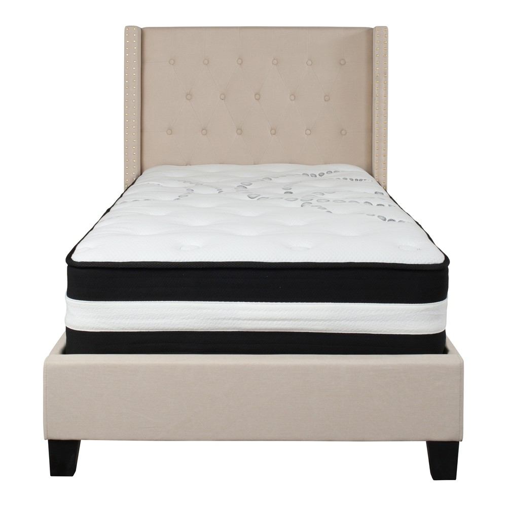 Flash Furniture Riverdale Twin Size Tufted Upholstered Platform Bed with Pocket Spring Mattress | Beds | Modishstore-4