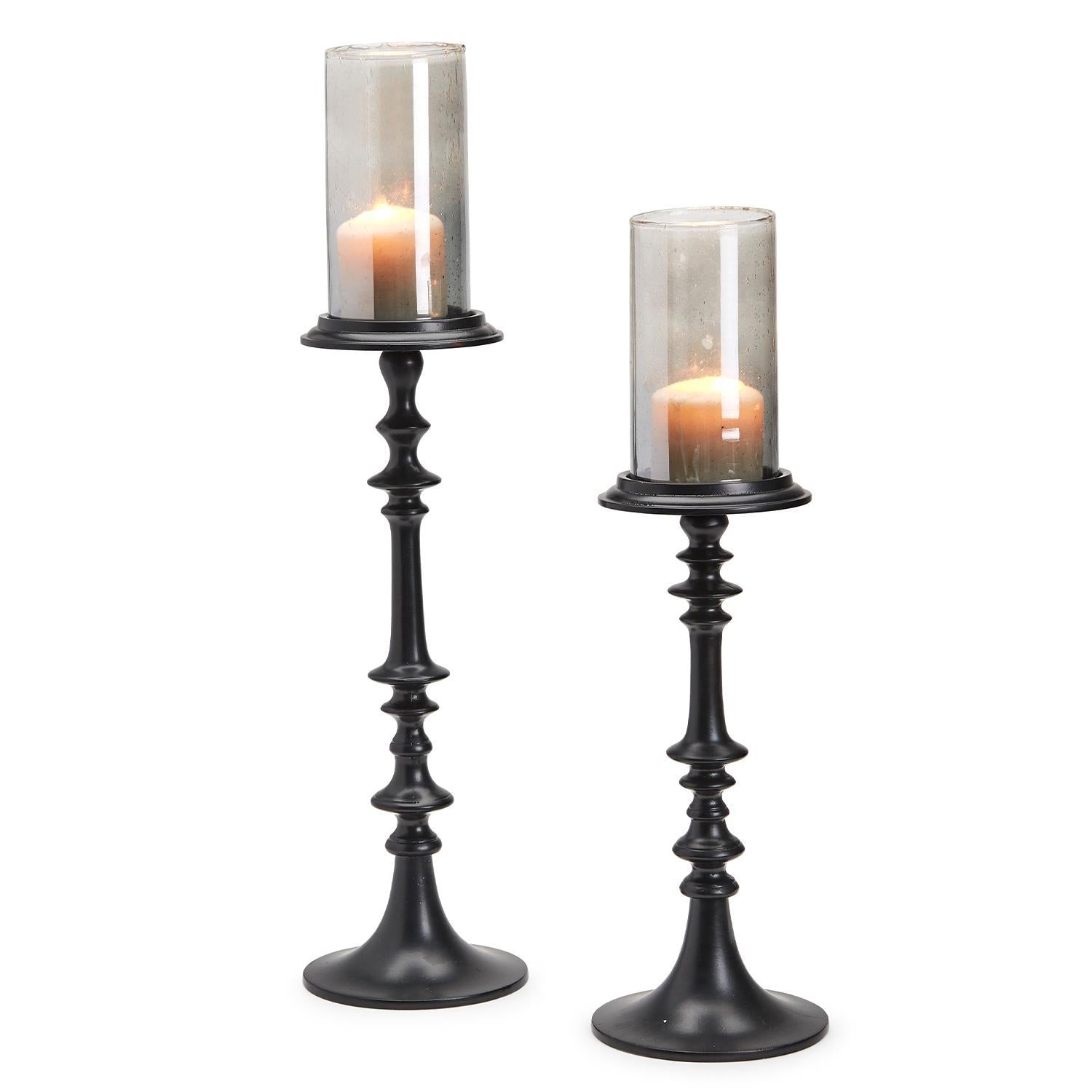Black Candhleholder w/Smoke Glass Cup Incl 2 Sizes Set Of 2 By Two's Company | Candle Holders | Modishstore