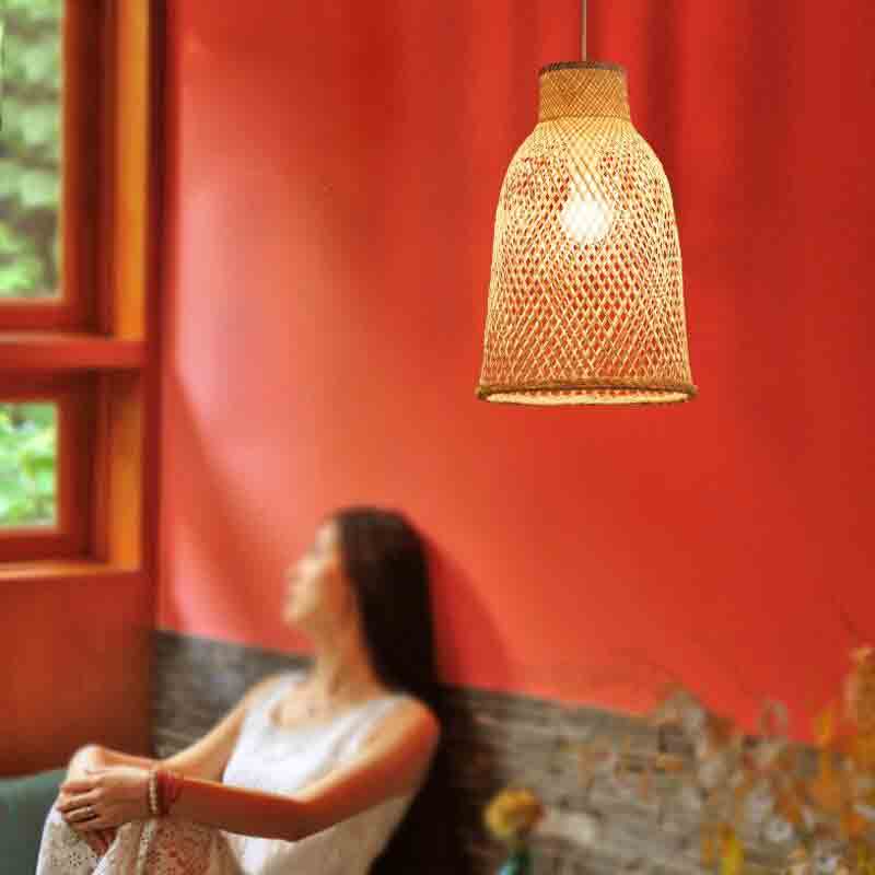 Bamboo Wicker Rattan Lantern Shade Pendant Light By Artisan Living-12297 | ModishStore | Pendant Lamps