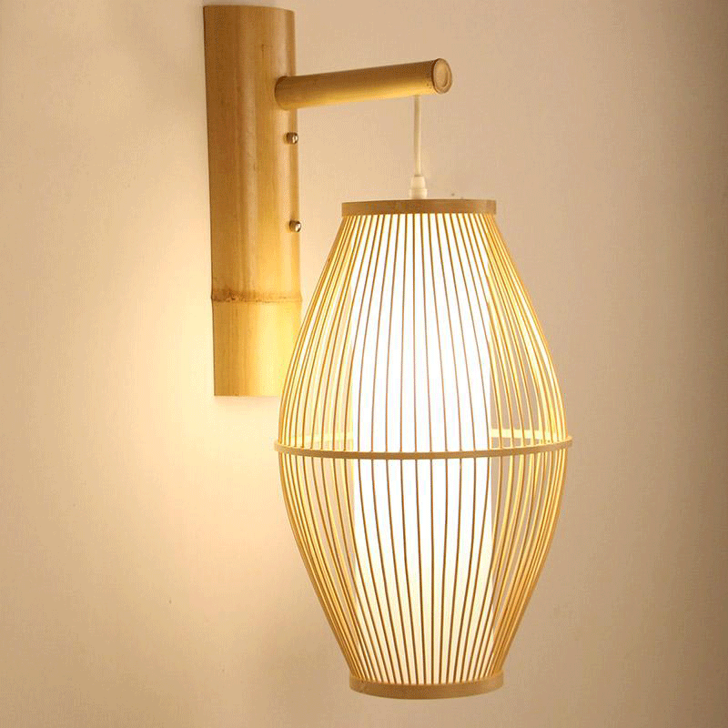 Bamboo Wicker Rattan Lantern Shade Wall Lamp By Artisan Living-5