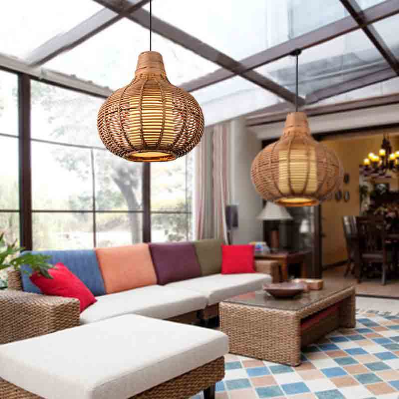 Handmade Coffee Wicker Rattan Gourd Shade Pendant Light By Artisan Living-6