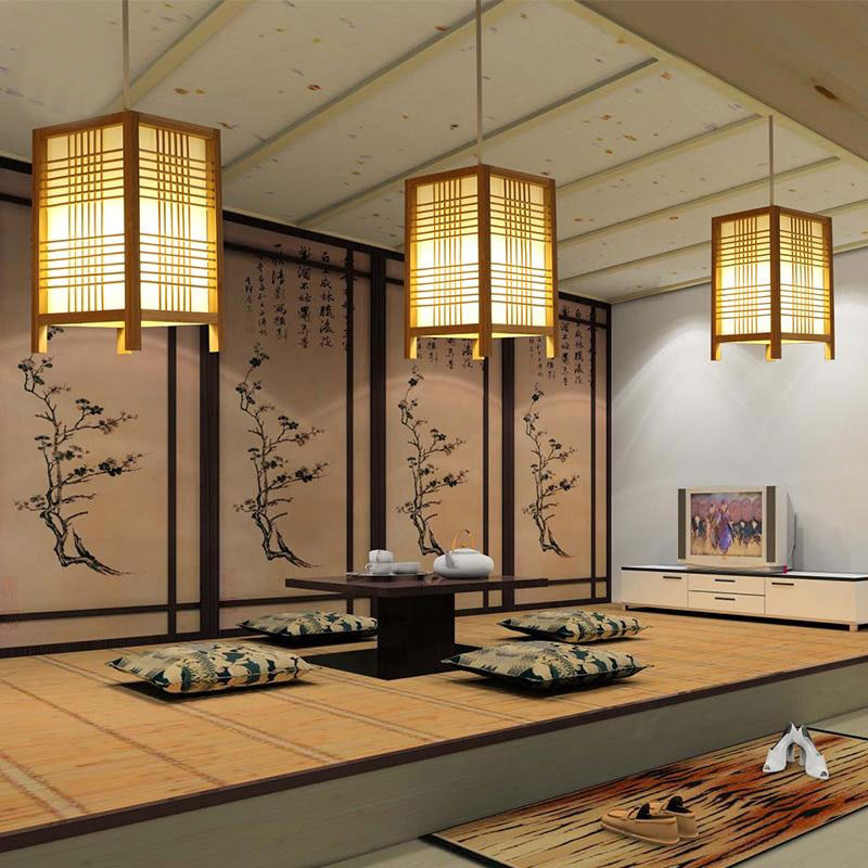 Bamboo Wicker Rattan Square Grid Shade Pendant Light By Artisan Living-5