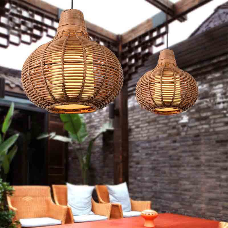 Handmade Coffee Wicker Rattan Gourd Shade Pendant Light By Artisan Living-5