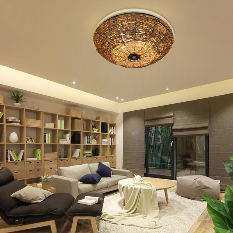 Wood Wicker Rattan Round Shade Ceiling Light By Artisan Living | ModishStore | Ceiling Lamps