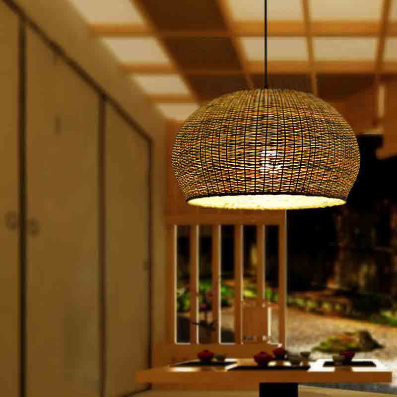 Bamboo Wicker Rattan Round Cage Shade Pendant Light By Artisan Living-7