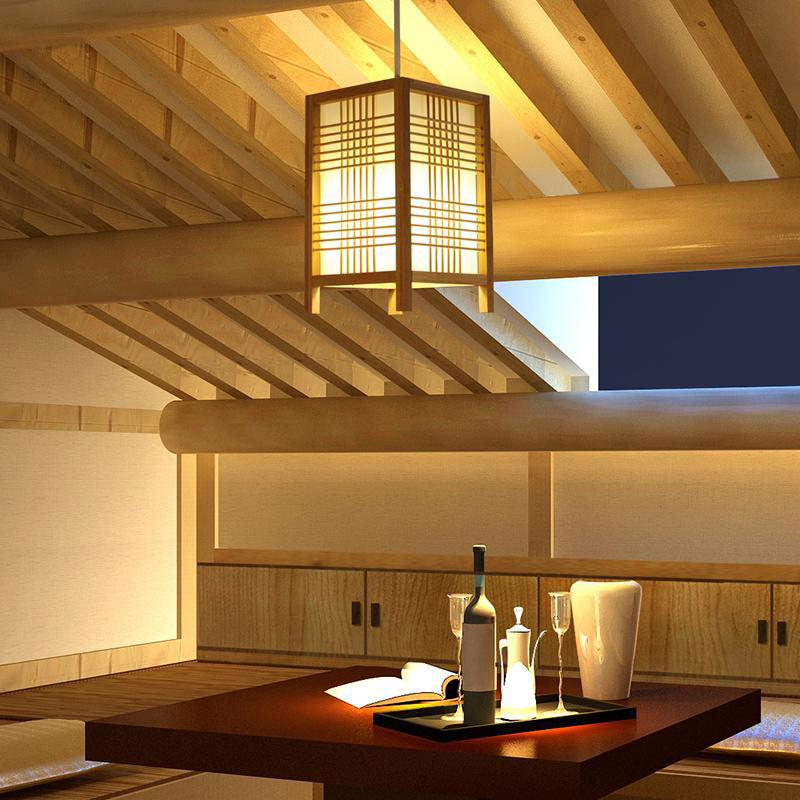 Bamboo Wicker Rattan Square Grid Shade Pendant Light By Artisan Living-4