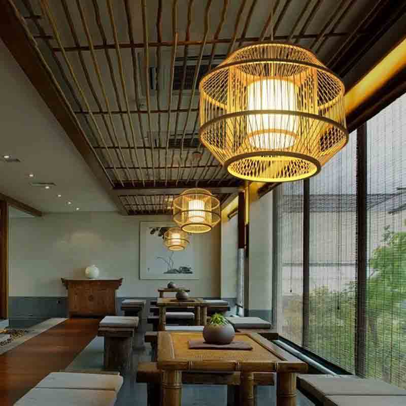 Bamboo Wicker Rattan Cube Cage Shade Pendant Light by Artisan Living-6