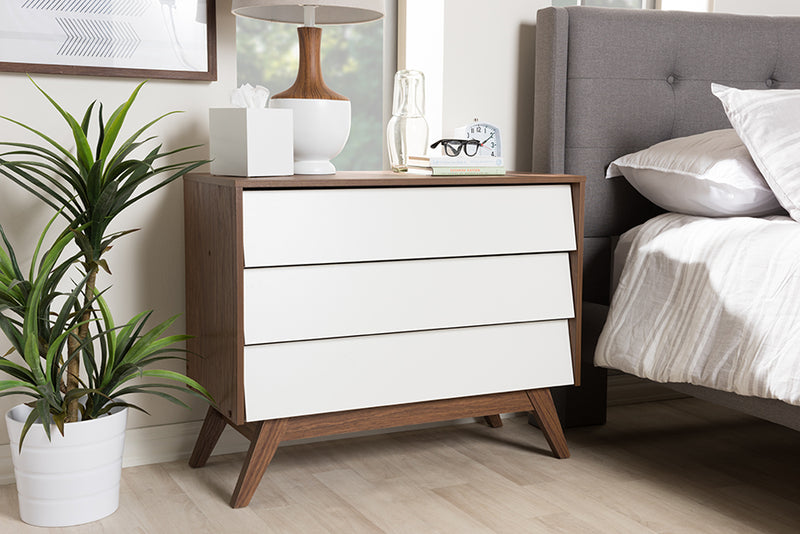 Baxton Studio Hildon Mid-Century Modern White and Walnut Wood 3-Drawer Storage Chest | Modishstore | Drawers