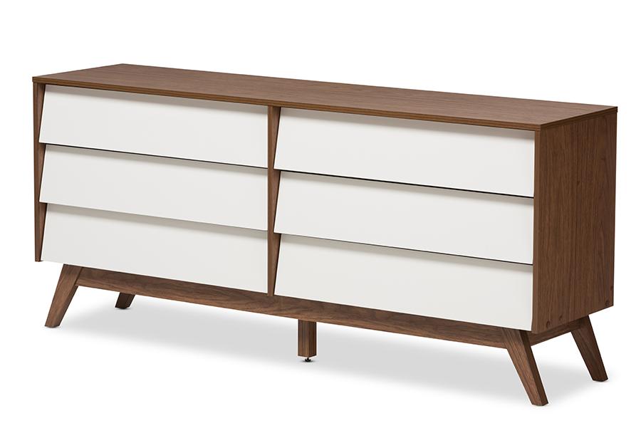 baxton studio hildon mid century modern white and walnut wood 6 drawer storage dresser | Modish Furniture Store-2