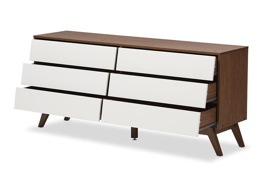 baxton studio hildon mid century modern white and walnut wood 6 drawer storage dresser | Modish Furniture Store-3