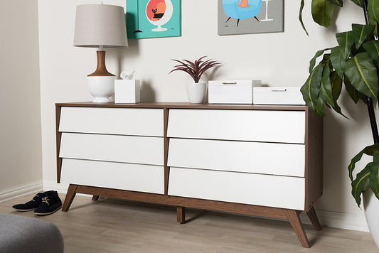 Baxton Studio Hildon Mid-Century Modern White and Walnut Wood 6-Drawer Storage Dresser | Modishstore | Drawers