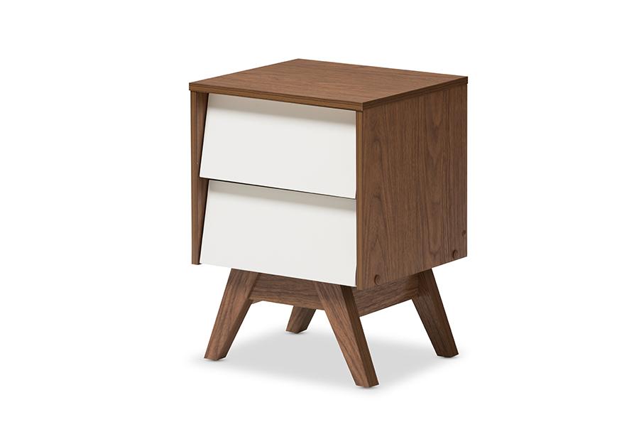 baxton studio hildon mid century modern white and walnut wood 2 drawer storage nightstand | Modish Furniture Store-2