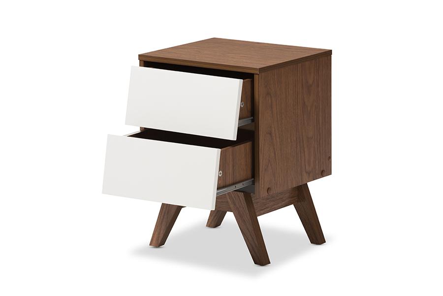 baxton studio hildon mid century modern white and walnut wood 2 drawer storage nightstand | Modish Furniture Store-3
