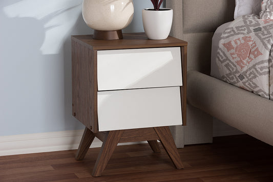 Baxton Studio Hildon Mid-Century Modern White and Walnut Wood 2-Drawer Storage Nightstand | Modishstore | Nightstands
