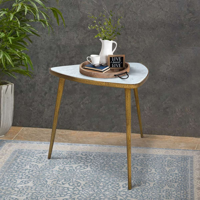 Plectrum Shape Marble Top Accent End Table With Metal Tripod Base, White And Gold By Benzara | End Tables |  Modishstore 