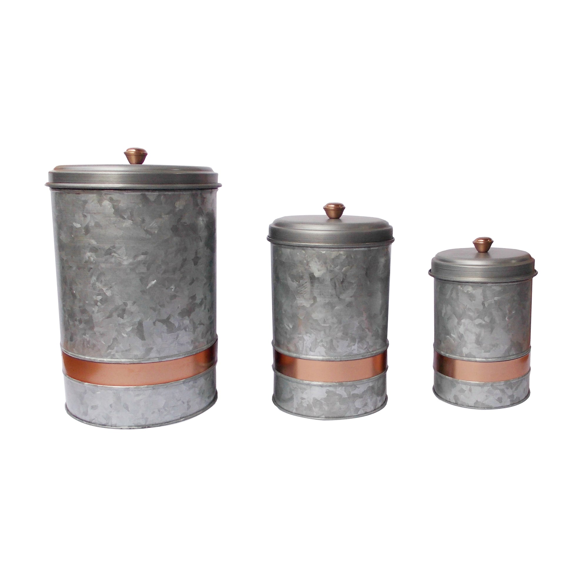 Galvanized Metal Lidded Canister With Copper Band, Set Of Three, Gray By Benzara | Jars & Canisters |  Modishstore  - 3