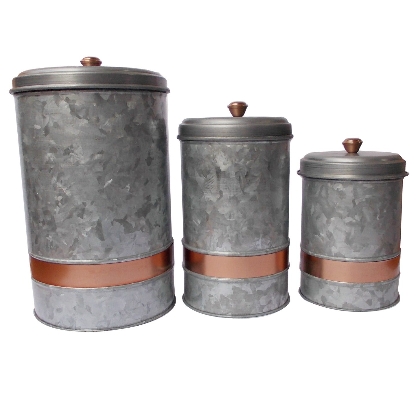 Galvanized Metal Lidded Canister With Copper Band, Set Of Three, Gray By Benzara | Jars & Canisters |  Modishstore 