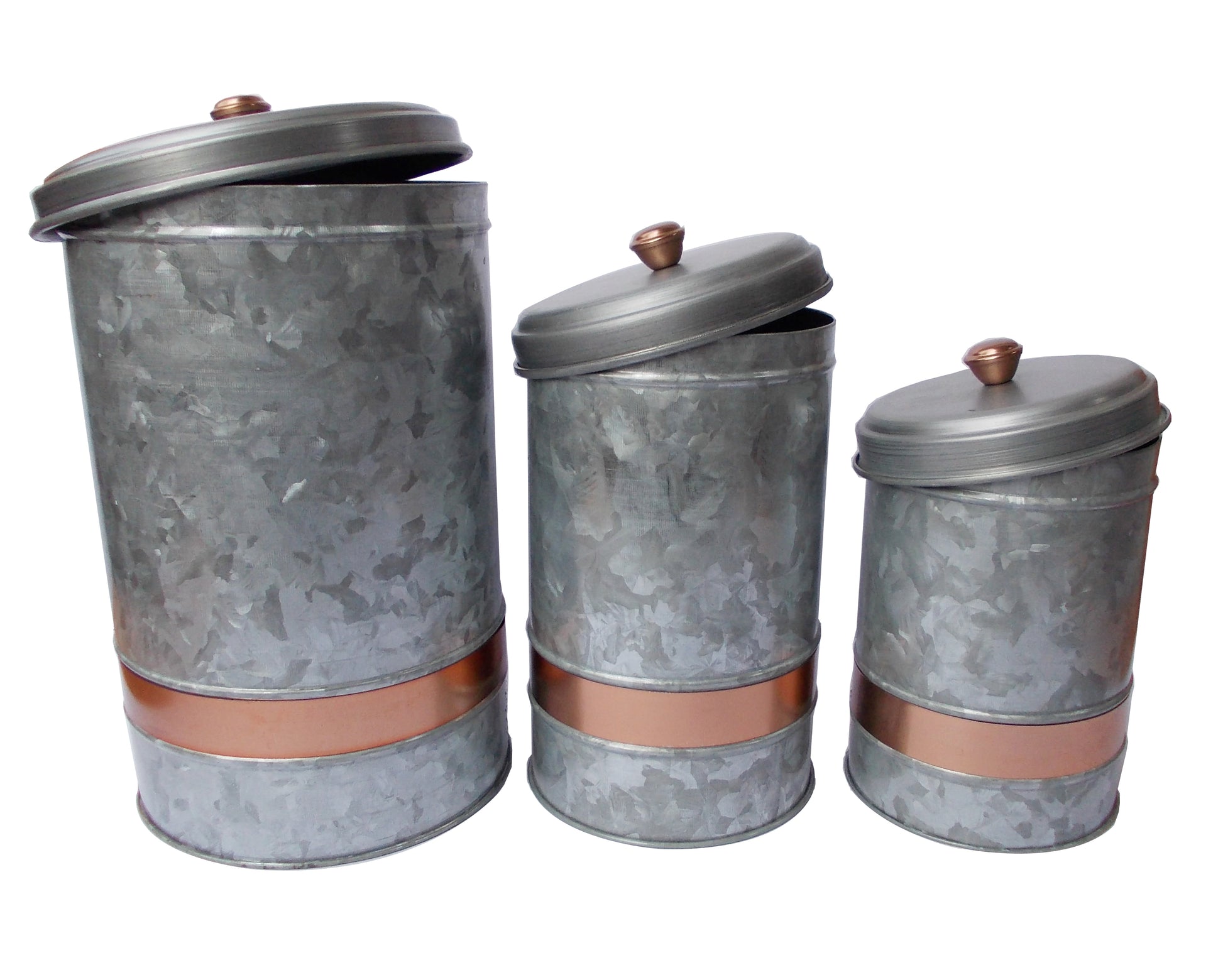 Galvanized Metal Lidded Canister With Copper Band, Set Of Three, Gray By Benzara | Jars & Canisters |  Modishstore  - 4