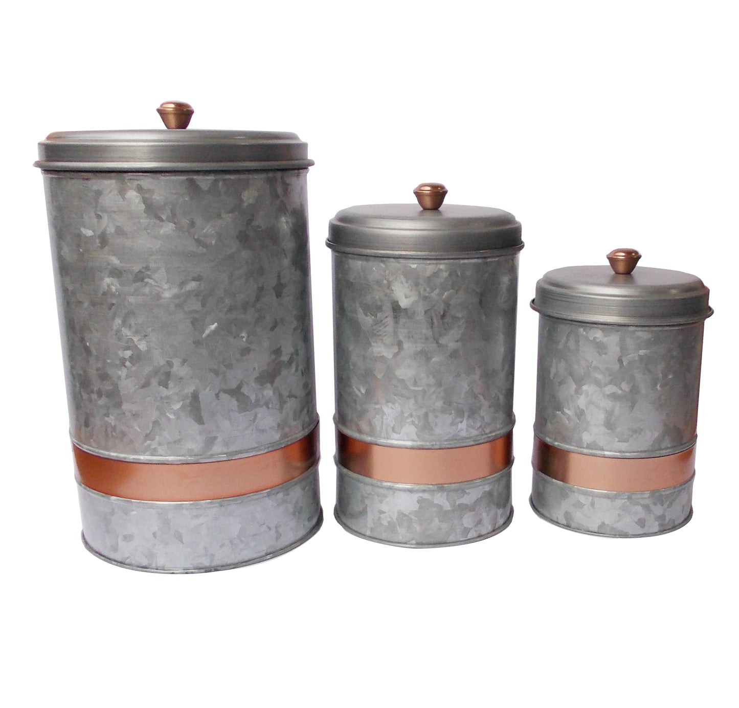Galvanized Metal Lidded Canister With Copper Band, Set Of Three, Gray By Benzara | Jars & Canisters |  Modishstore  - 5
