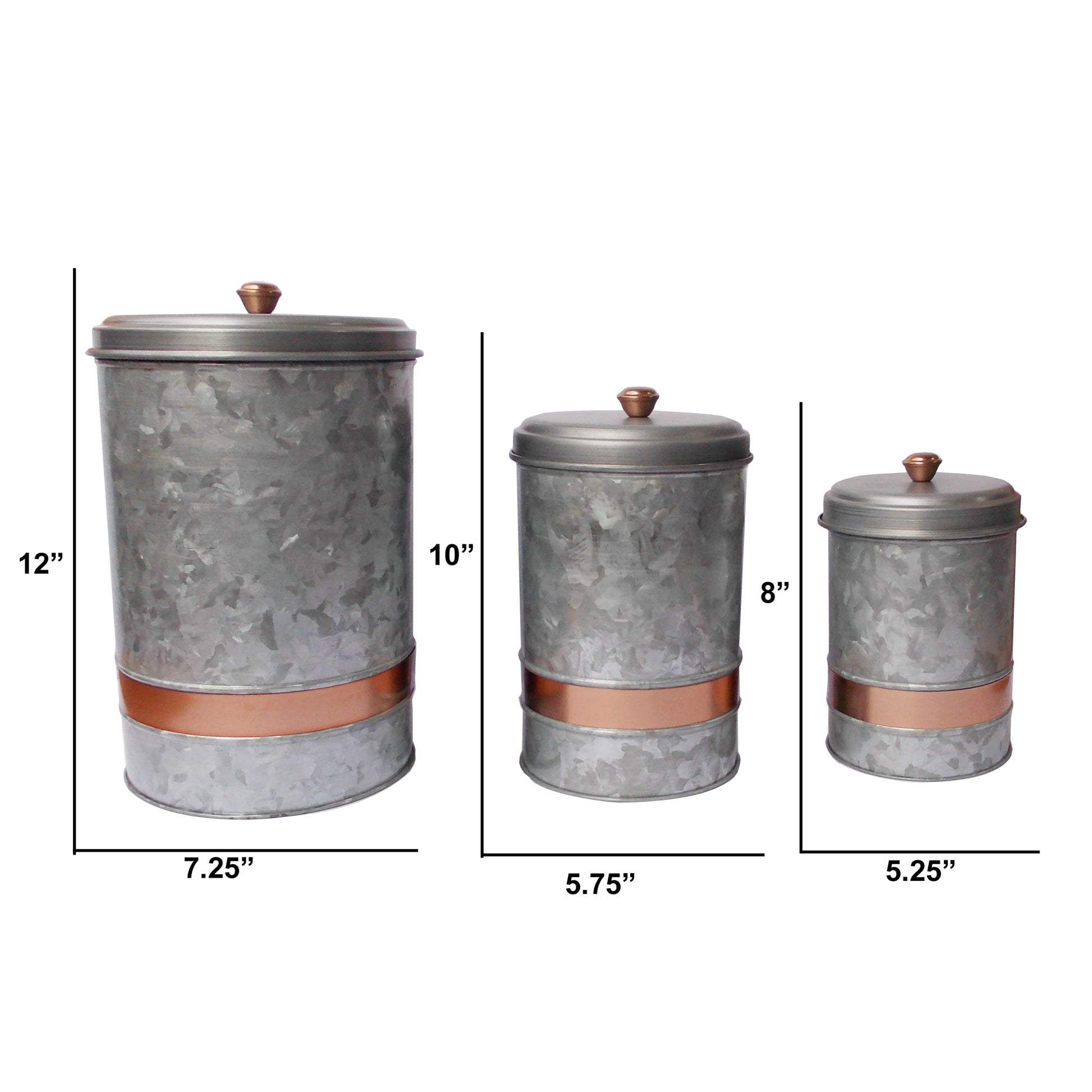 Galvanized Metal Lidded Canister With Copper Band, Set Of Three, Gray By Benzara | Jars & Canisters |  Modishstore  - 6