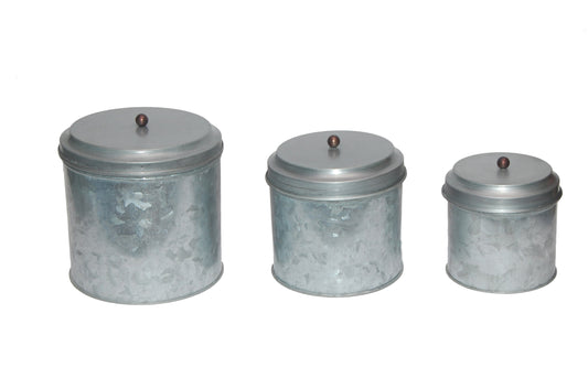 Benzara Amc0015 Galvanized Metal Lidded Canister With Ball Knob, Set Of Three, Gray By Benzara | Jars & Canisters |  Modishstore 