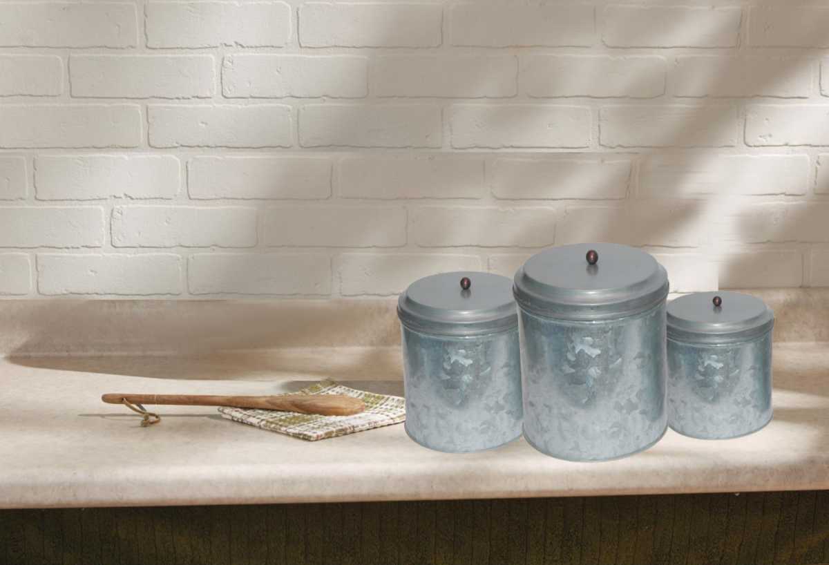 Benzara Amc0015 Galvanized Metal Lidded Canister With Ball Knob, Set Of Three, Gray By Benzara | Jars & Canisters |  Modishstore  - 2